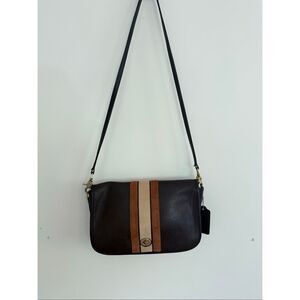 Coach Limited Edition Calf Leather 75th Anniversary Striped Penny Crossbody Blac